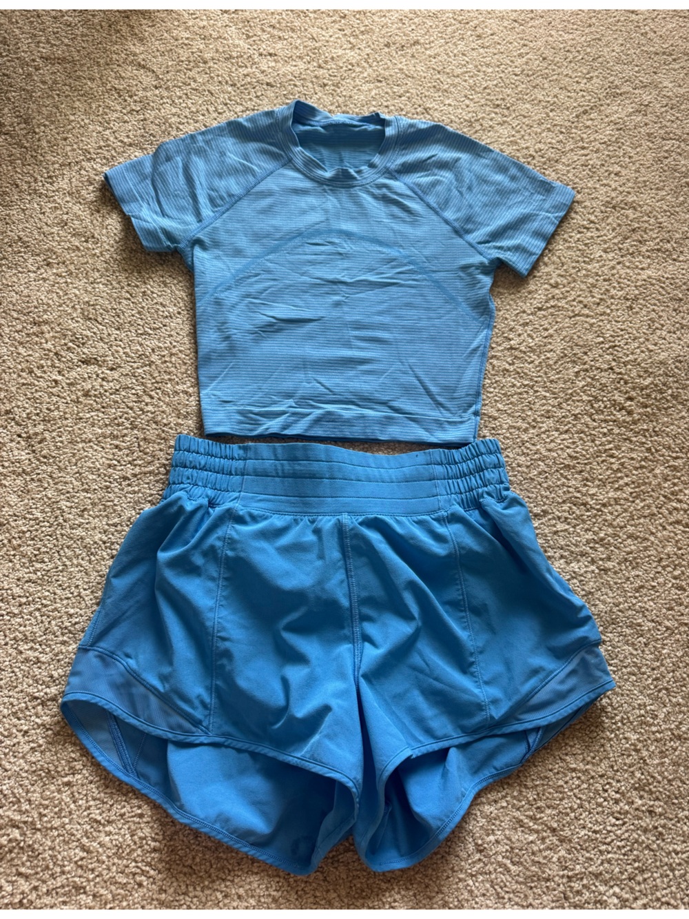 lululemon athletica Sky Blue Ribbed Crop Top and shorts set
